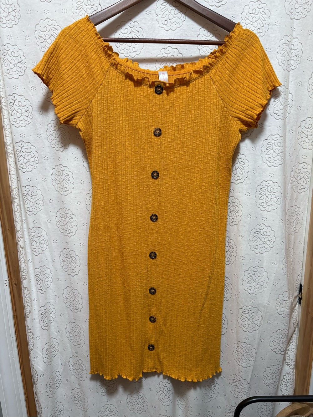 No Boundaries Mustard Ribbed Off Shoulder Button Dress XXL 2X - Picture 2 of 5